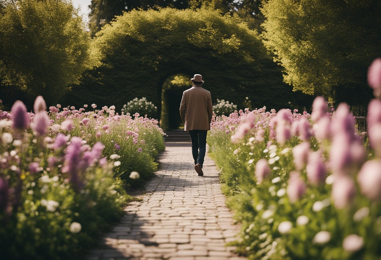 A garden with 47 blooming flowers, a path leading to a glowing number 47, and a person walking towards it with a sense of personal growth