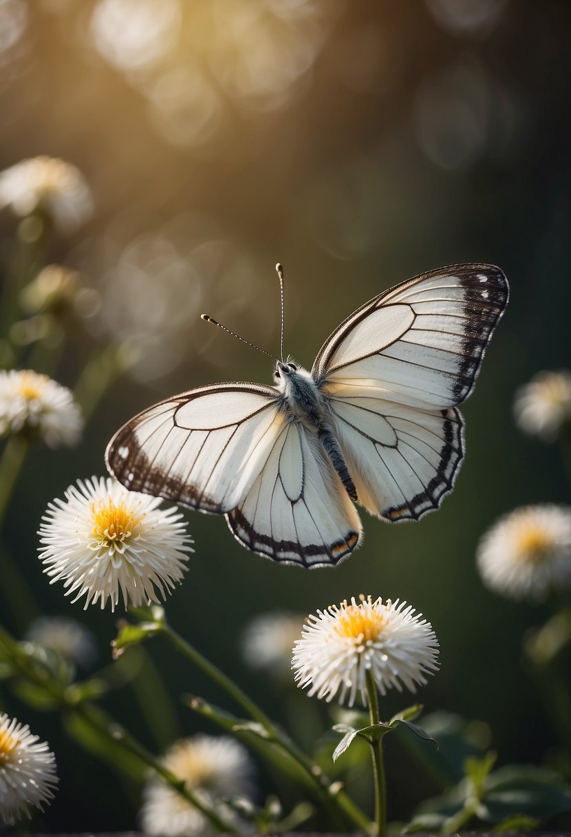 A white butterfly hovers near a blooming flower, symbolizing spiritual guidance and transformation