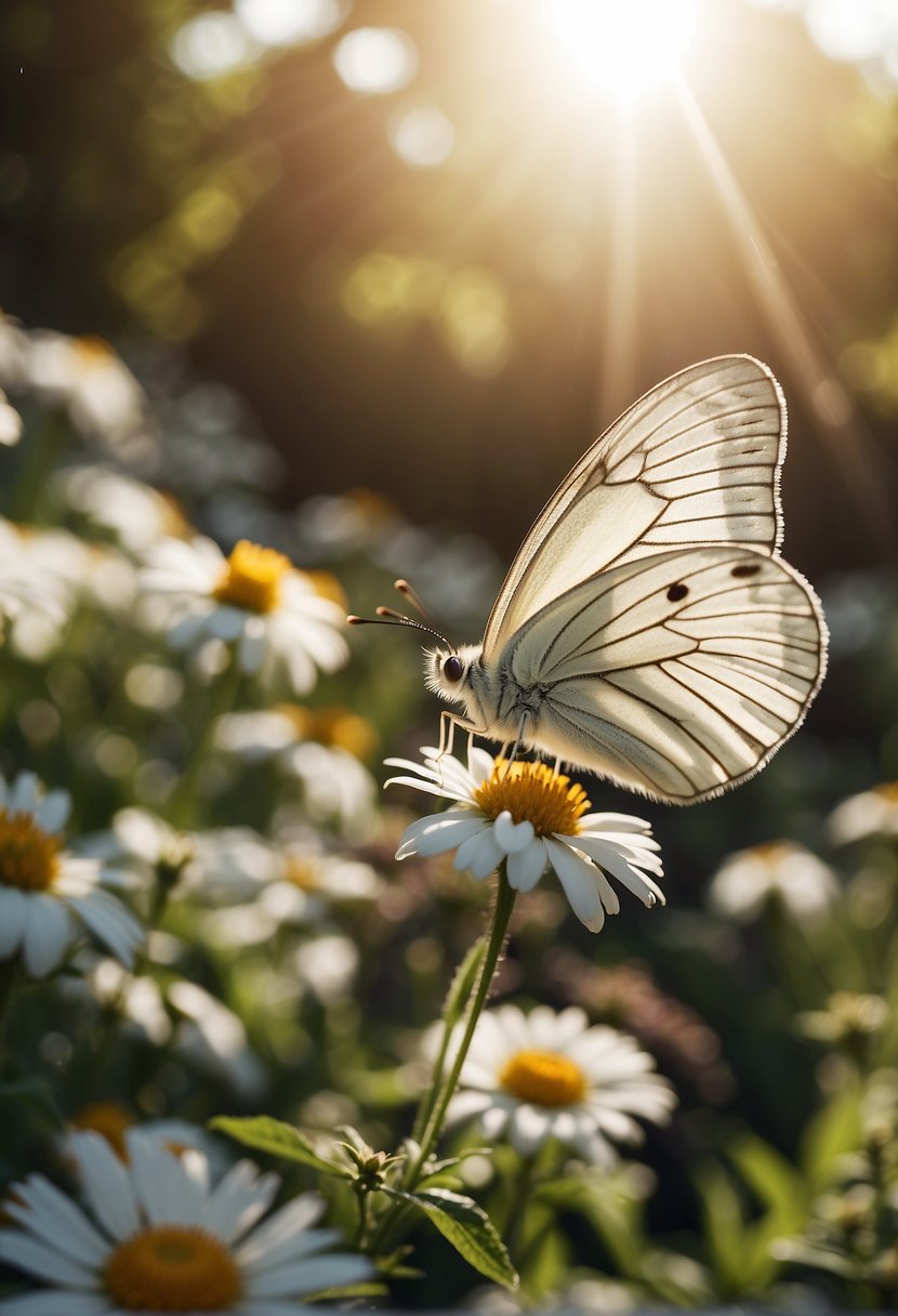 A white butterfly hovers over a blooming garden, its delicate wings glistening in the sunlight, symbolizing a connection to the spiritual realm