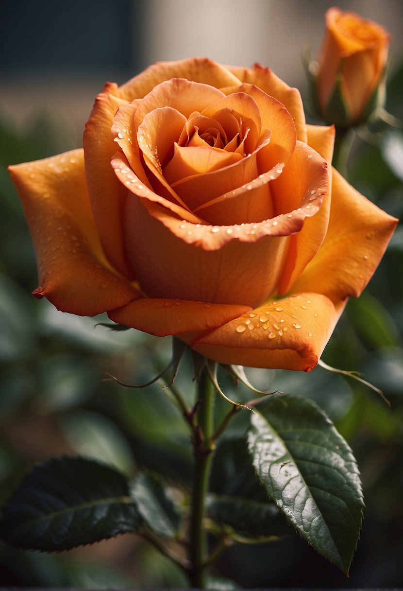 An orange rose stands tall, radiating warmth and energy, symbolizing enthusiasm and passion in the spiritual realm