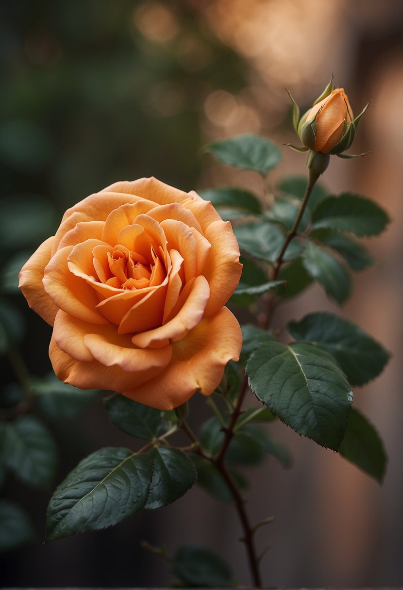 An orange rose blooms, surrounded by ancient symbols and evolving into a spiritual emblem