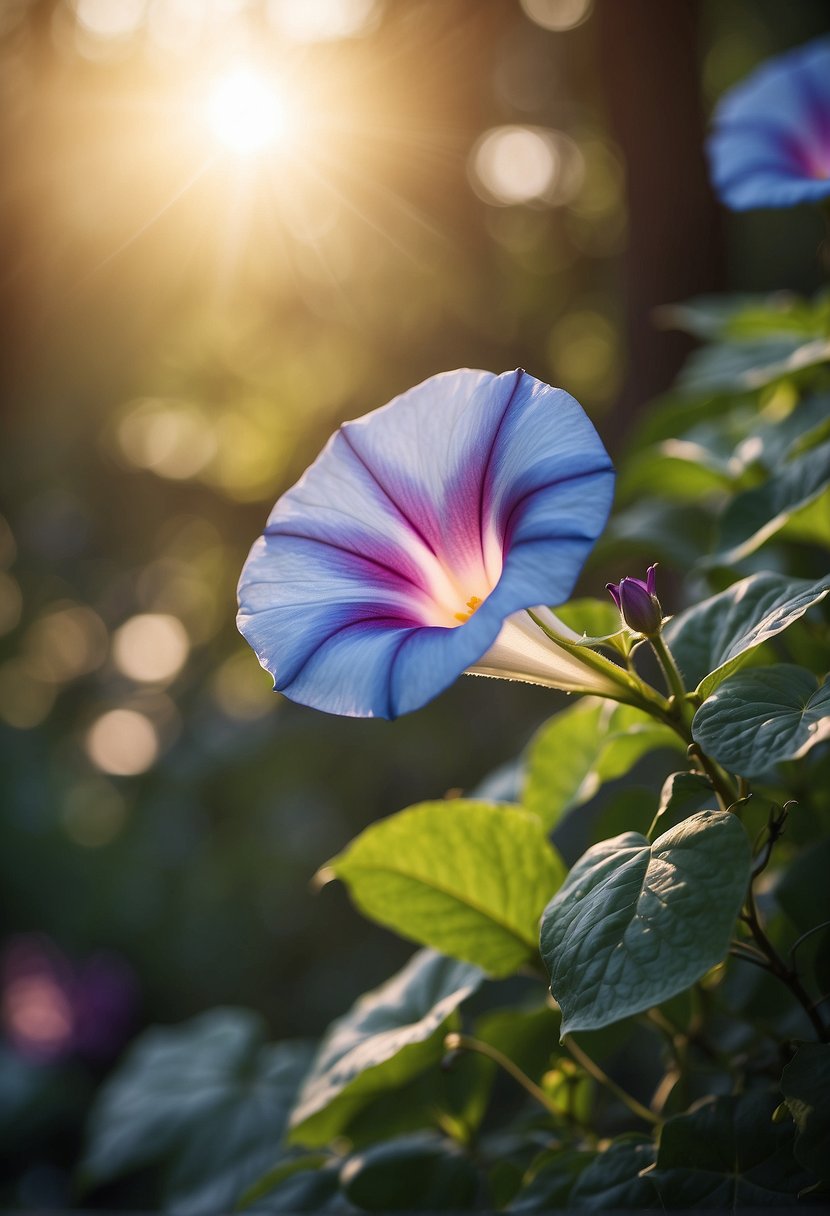 A vibrant morning glory blooms, symbolizing spiritual awakening and renewal. The flower's petals unfurl in the soft light of dawn, radiating a sense of peace and tranquility