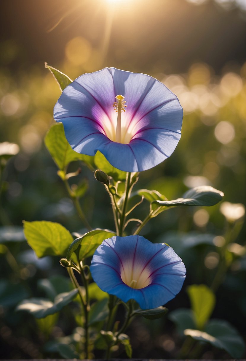 A radiant morning glory blooms, symbolizing spiritual awakening and growth. The soft petals unfurl, reaching towards the rising sun, embodying hope and renewal