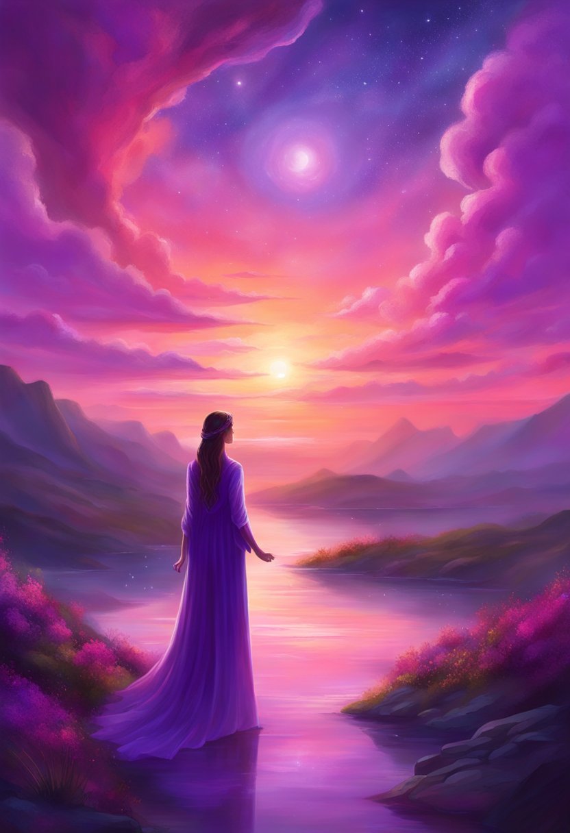 A serene landscape with a vibrant purple sunset, evoking feelings of peace and spirituality. A figure with closed eyes, surrounded by a glowing purple aura