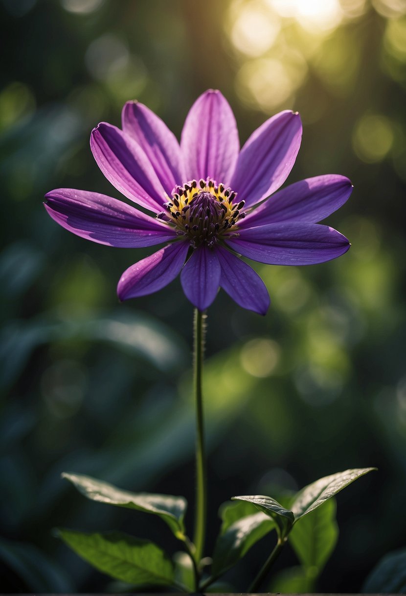A purple flower stands tall, surrounded by lush greenery. Its petals are vibrant and full, symbolizing spirituality and mystery
