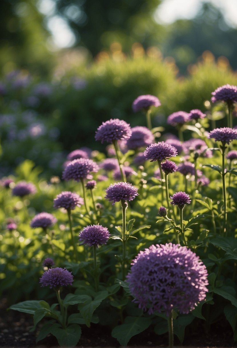 Vibrant purple flowers blooming in a peaceful garden, surrounded by green foliage and bathed in warm sunlight