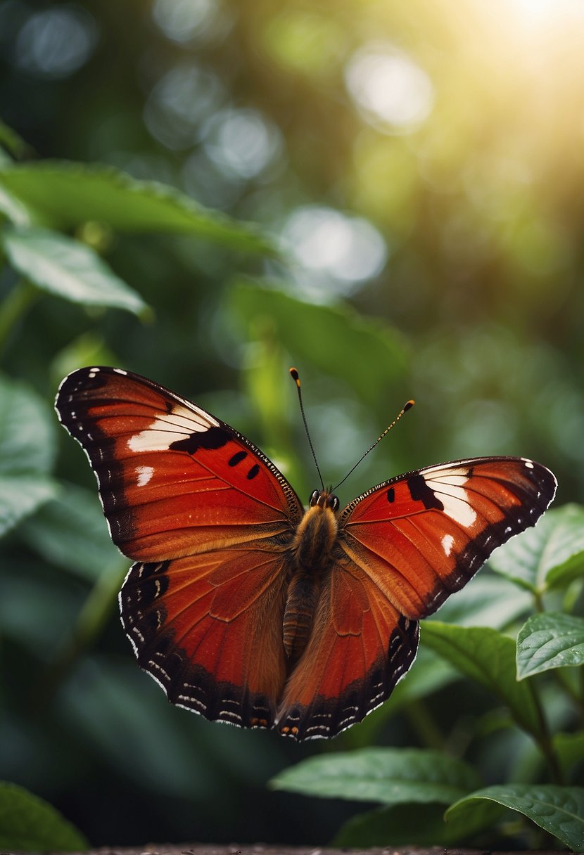 A red butterfly hovers above a serene garden, symbolizing spiritual transformation and rebirth. The vibrant wings stand out against the lush greenery