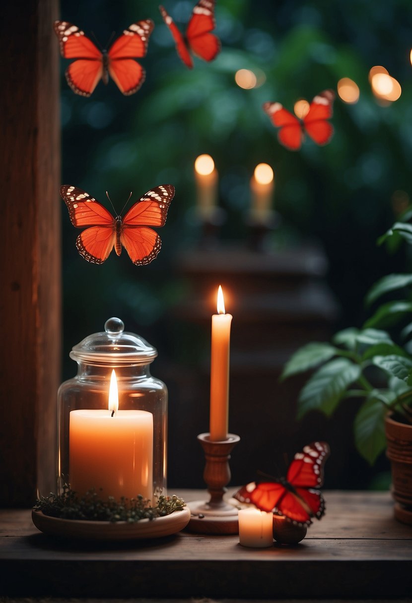 Red butterflies flutter around a serene garden with candles and incense, symbolizing spiritual practices