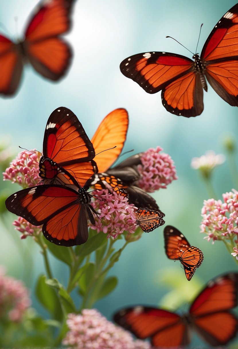 Red butterflies emerge from cocoons, fluttering among vibrant flowers, symbolizing transformation and spiritual growth