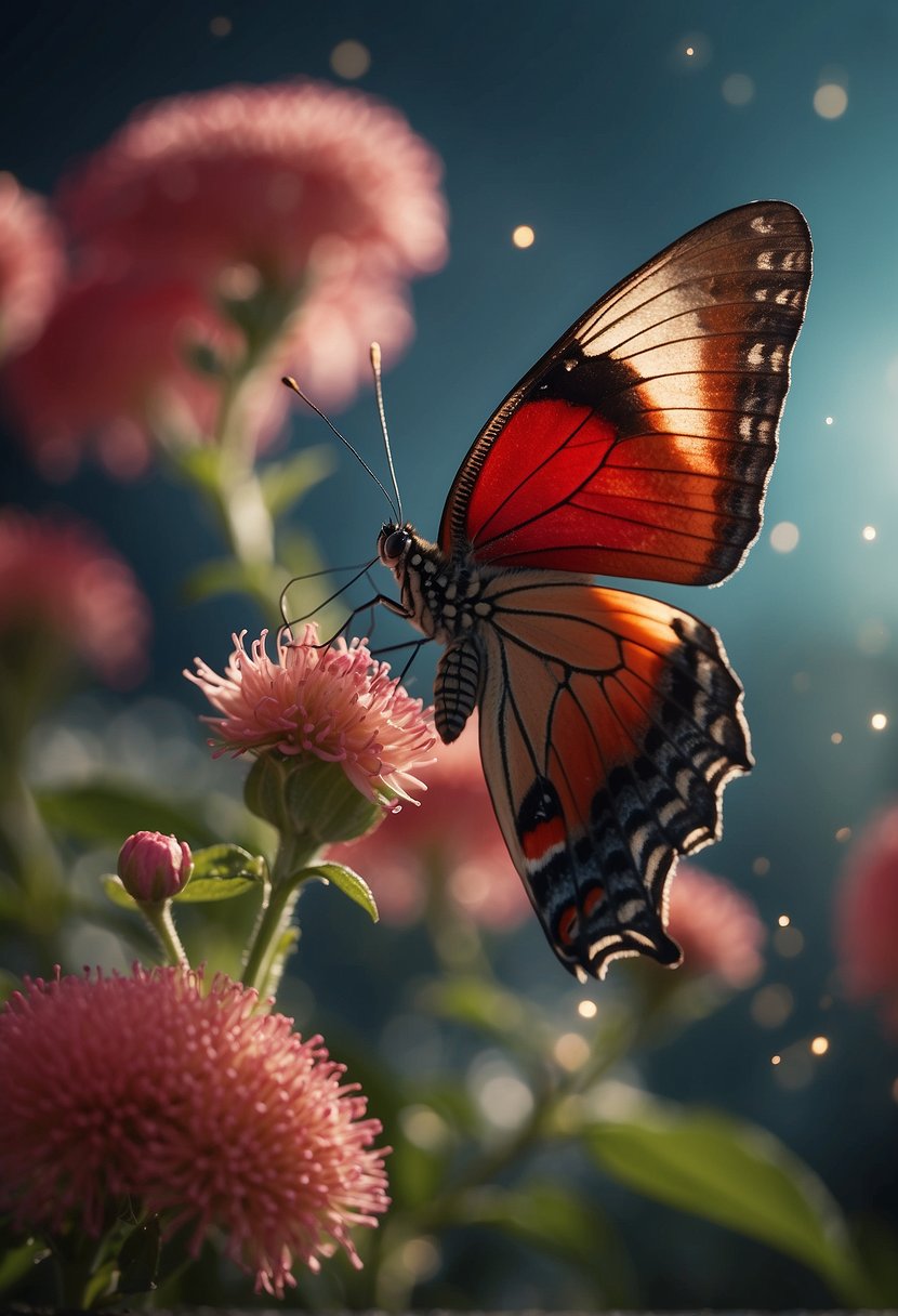 A red butterfly hovers above a blooming flower, surrounded by a soft glow, symbolizing spiritual transformation and rebirth