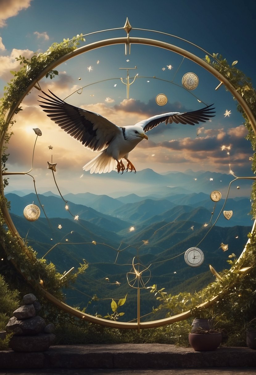Birds soar in circular patterns above a mystical landscape, with astrology symbols and psychic readings in the background