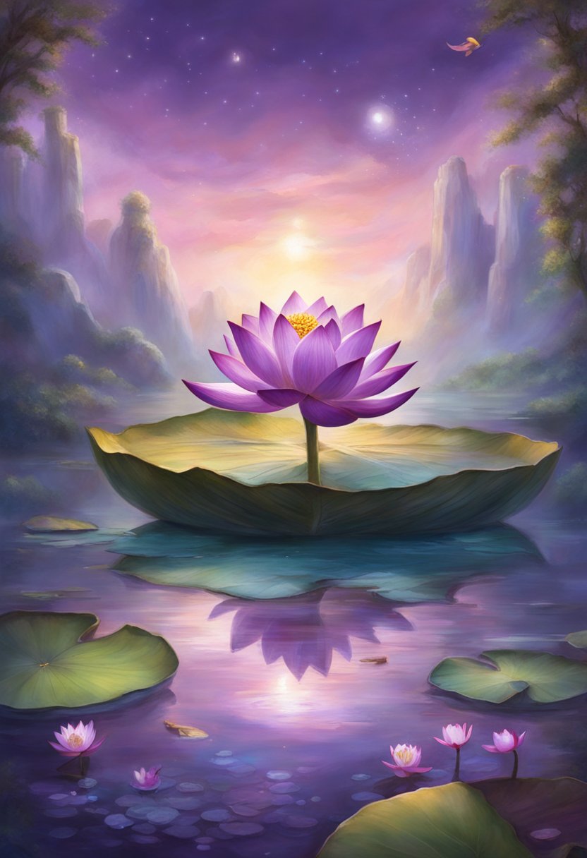 A regal purple lotus blooms in a tranquil pond, surrounded by ancient symbols and artifacts from different cultures. The air is filled with a sense of spiritual significance and historical depth