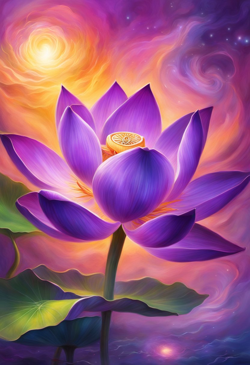 A vibrant purple lotus flower blooms, surrounded by swirling energy and light, symbolizing personal growth and spiritual development with eyes closed