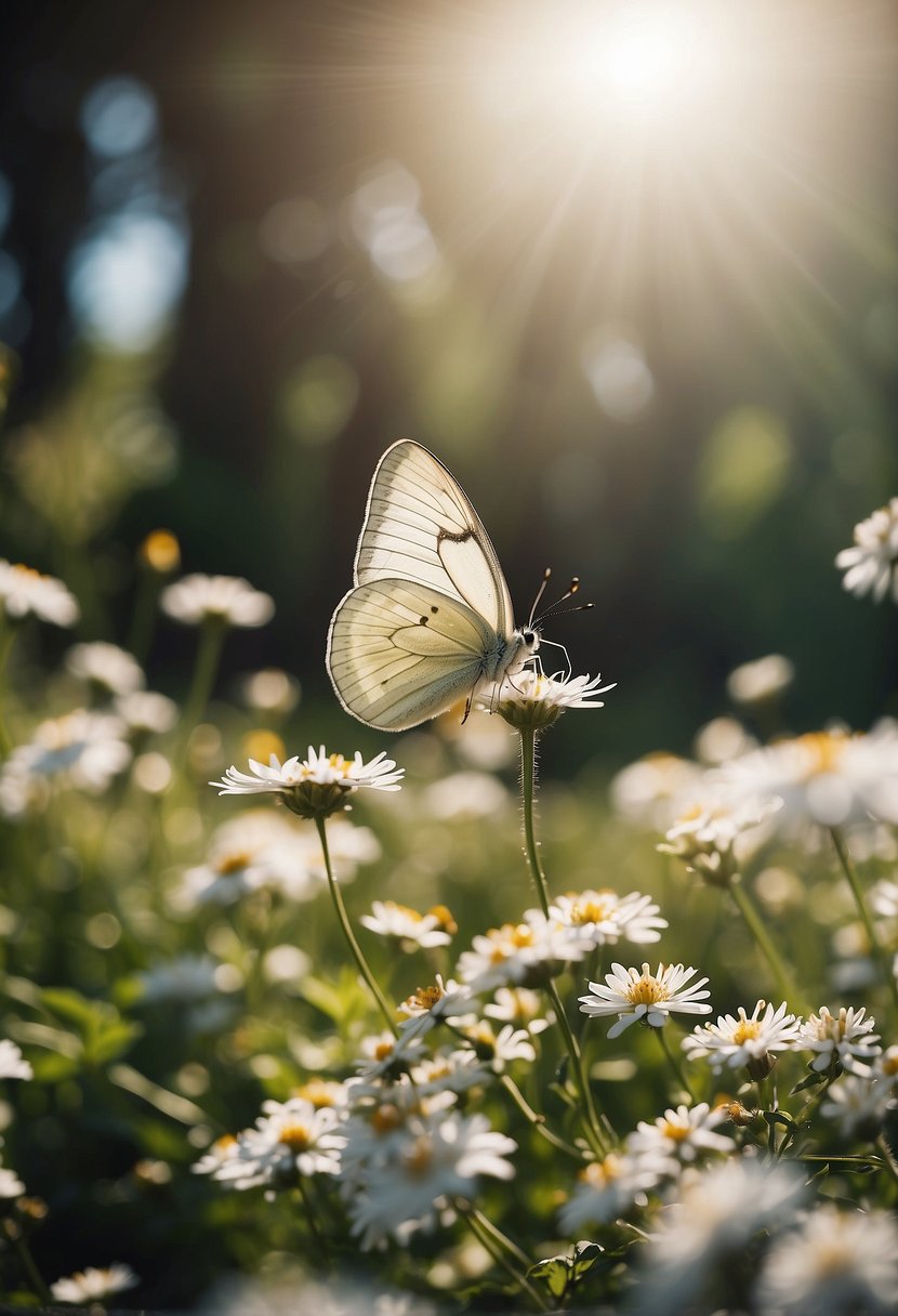 A white butterfly hovers over a blooming garden, symbolizing purity and spiritual transformation