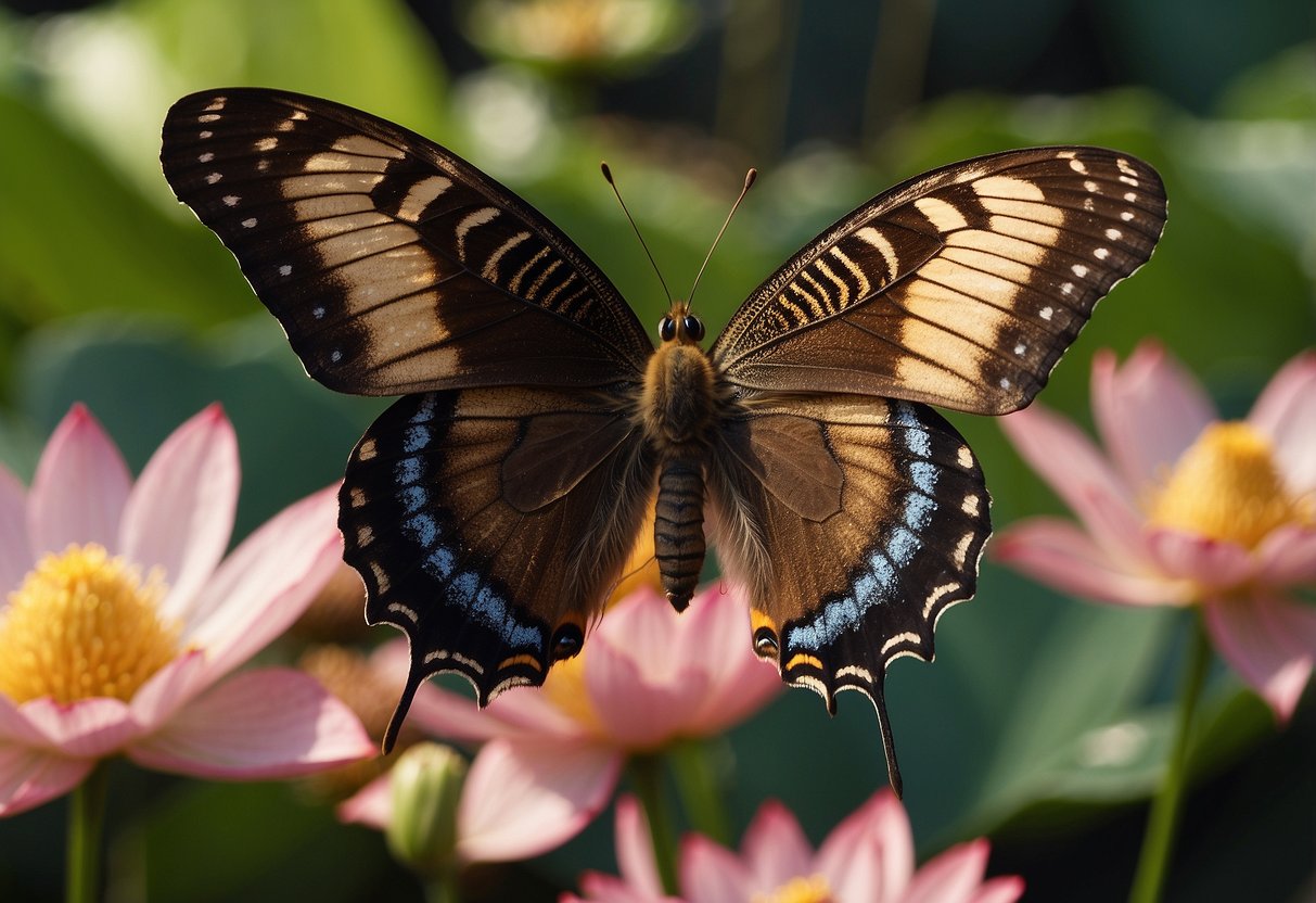 A brown butterfly hovers over a lotus flower, surrounded by symbols of different cultures