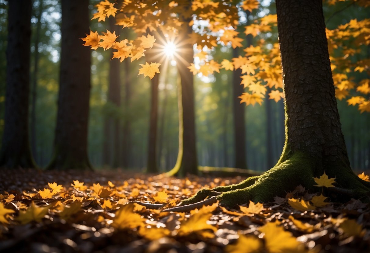 Sunlight filters through vibrant maple leaves, casting a warm glow on the forest floor. The trees stand tall and majestic, their branches reaching towards the sky