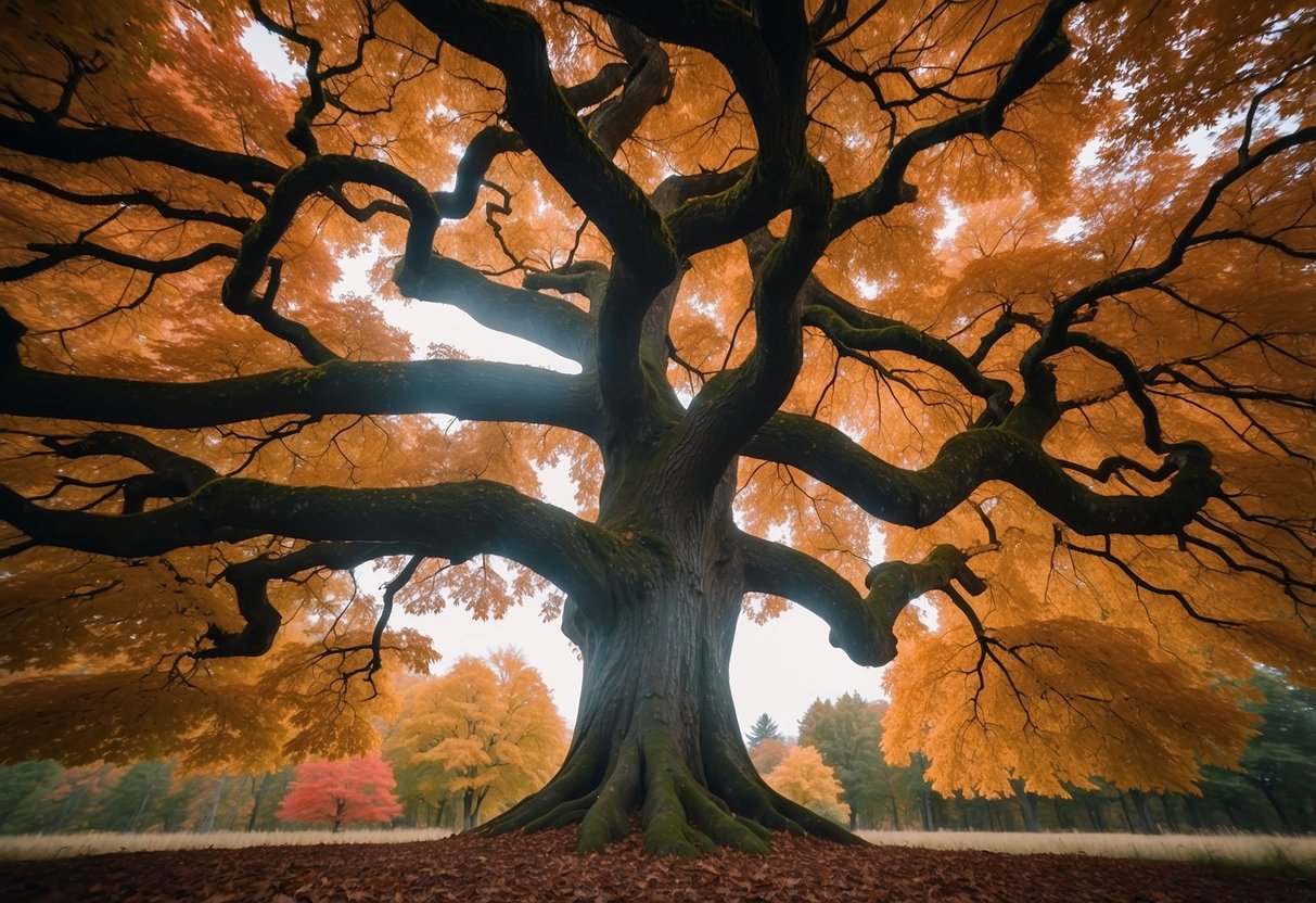 A majestic maple tree stands tall, with vibrant leaves and twisting branches, symbolizing strength, wisdom, and connection to the earth and the spiritual realm