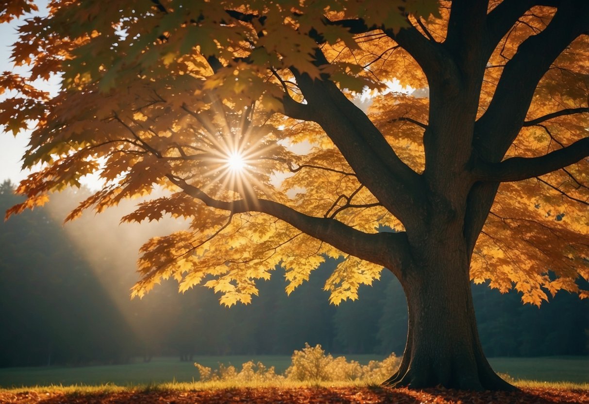 A majestic maple tree stands tall, its vibrant leaves shimmering in the sunlight. Surrounding it, a sense of peace and tranquility emanates, evoking a feeling of spiritual connection to nature