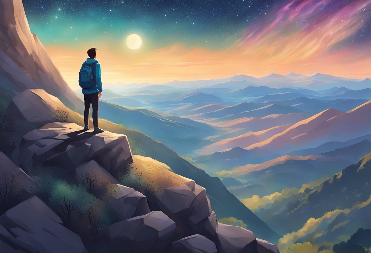 A figure stands on a mountaintop, gazing up at a vast, star-filled sky, with a sense of reverence and awe