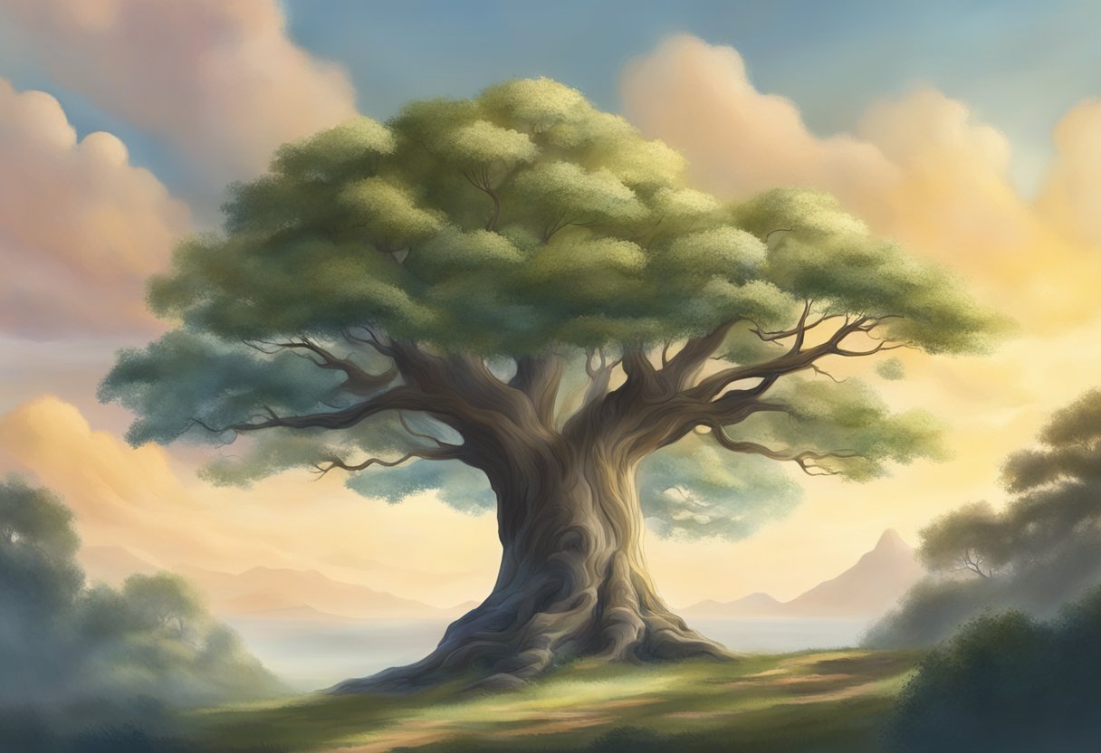 A serene landscape with a large, ancient tree reaching towards the sky, symbolizing the spiritual presence of a father in dreams