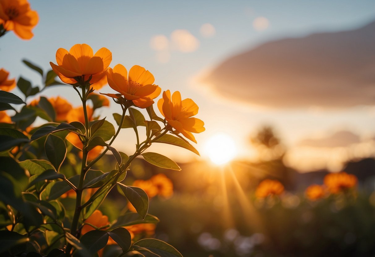 A glowing orange sunset illuminates a tranquil garden, symbolizing spiritual energy and creativity. The warm hue radiates from blooming flowers and ripe fruit, evoking a sense of vitality and transformation