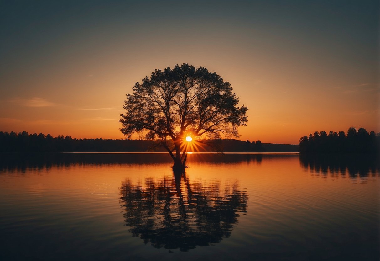 A vibrant orange sunset over a tranquil lake, with a lone tree silhouetted against the sky, symbolizing spiritual warmth and creativity