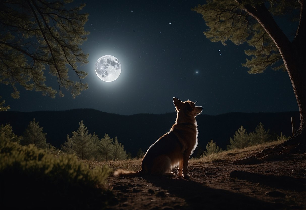 A lone dog howls under a full moon, surrounded by shadowy trees, conveying a sense of longing and spiritual connection