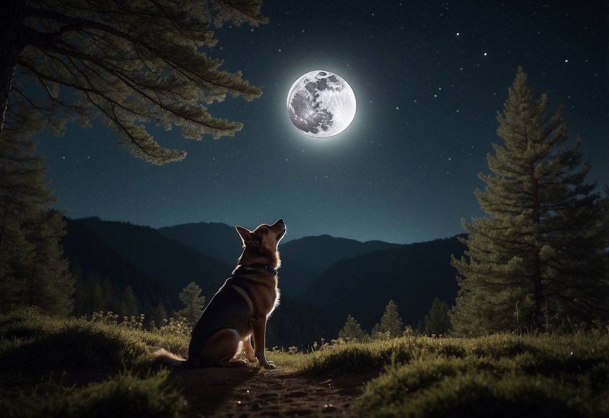 A lone dog howls under a full moon, surrounded by a tranquil forest and a starry sky. The sound echoes through the night, evoking a sense of spiritual longing and connection to the divine