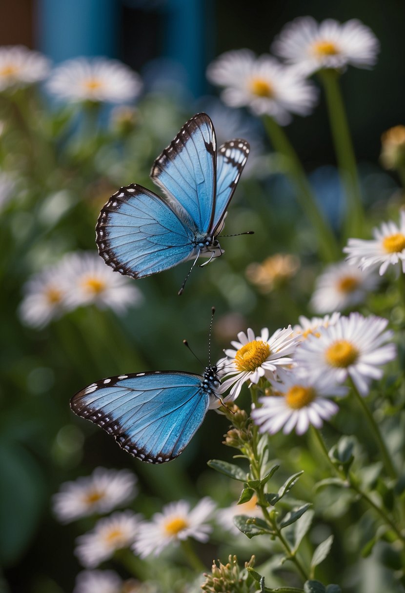 A blue butterfly hovers over a blooming garden, symbolizing spirituality and transformation