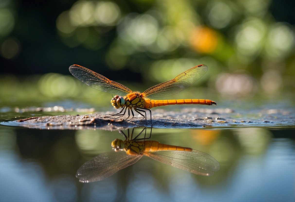 An orange dragonfly hovers over a tranquil pond, symbolizing spiritual transformation and renewal