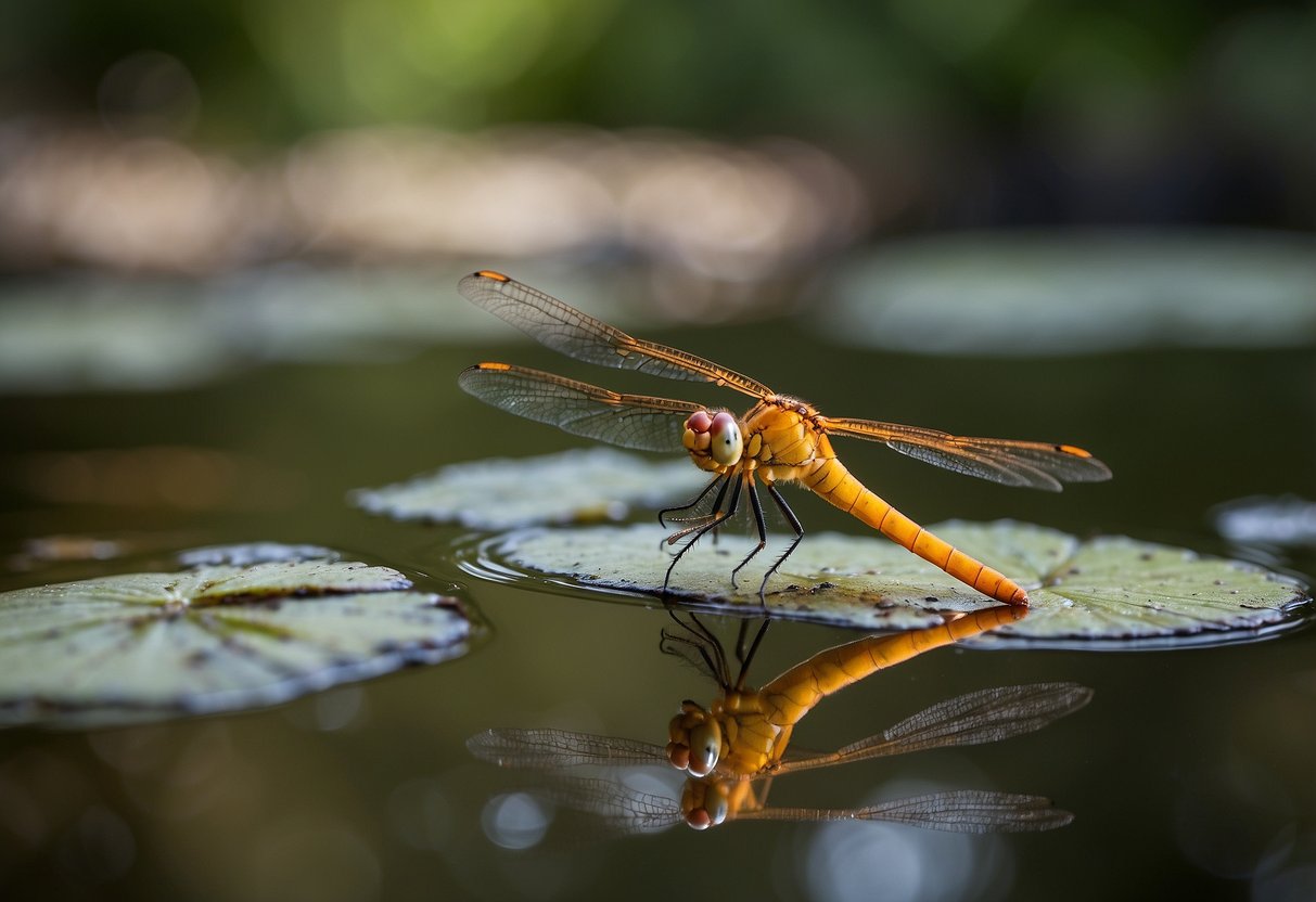 An orange dragonfly hovers over a serene pond, symbolizing transformation and spiritual growth