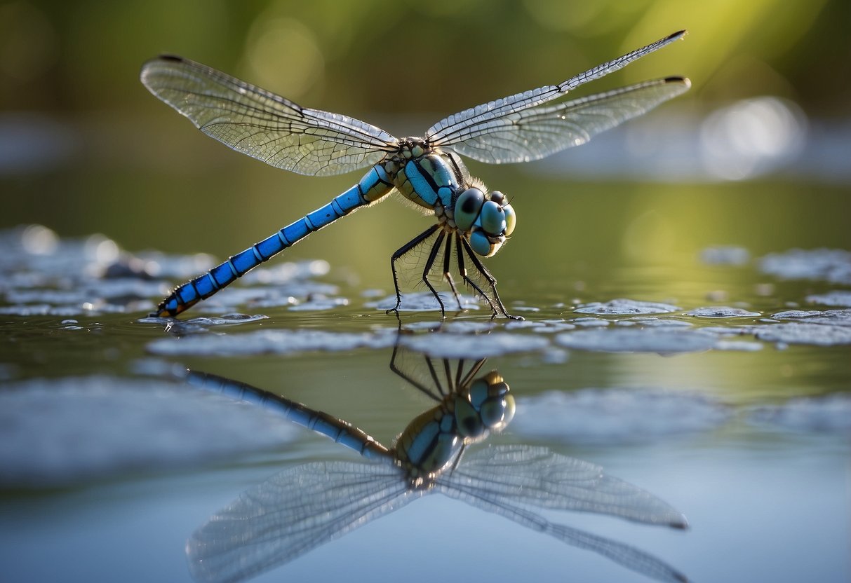 A blue dragonfly hovers above a tranquil pond, symbolizing transformation and adaptability. The sunlight reflects off its iridescent wings, evoking a sense of spiritual connection