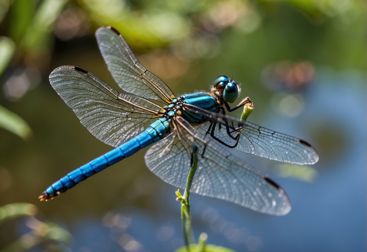 A vibrant blue dragonfly hovers above a tranquil pond, radiating a sense of spiritual energy and emotional significance. The dragonfly's wings flutter with a lively energy, symbolizing transformation and renewal