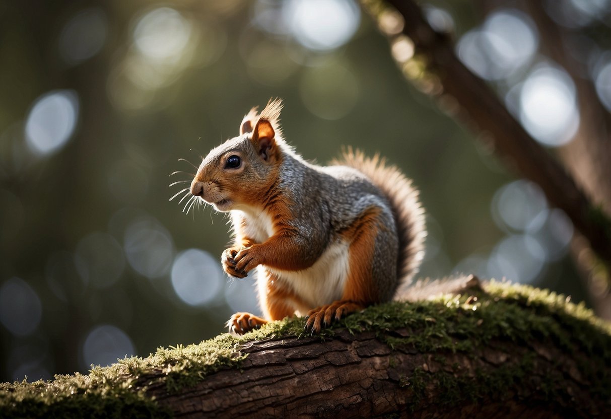 A squirrel perched on a tree branch, its eyes closed in contemplation, surrounded by shimmering light and a sense of peace and tranquility