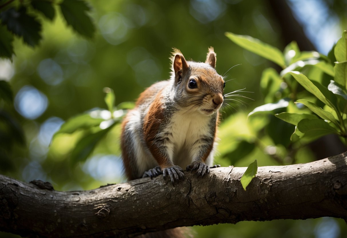 A squirrel perched on a tree branch, gazing at the horizon with a serene expression, surrounded by vibrant green leaves and dappled sunlight