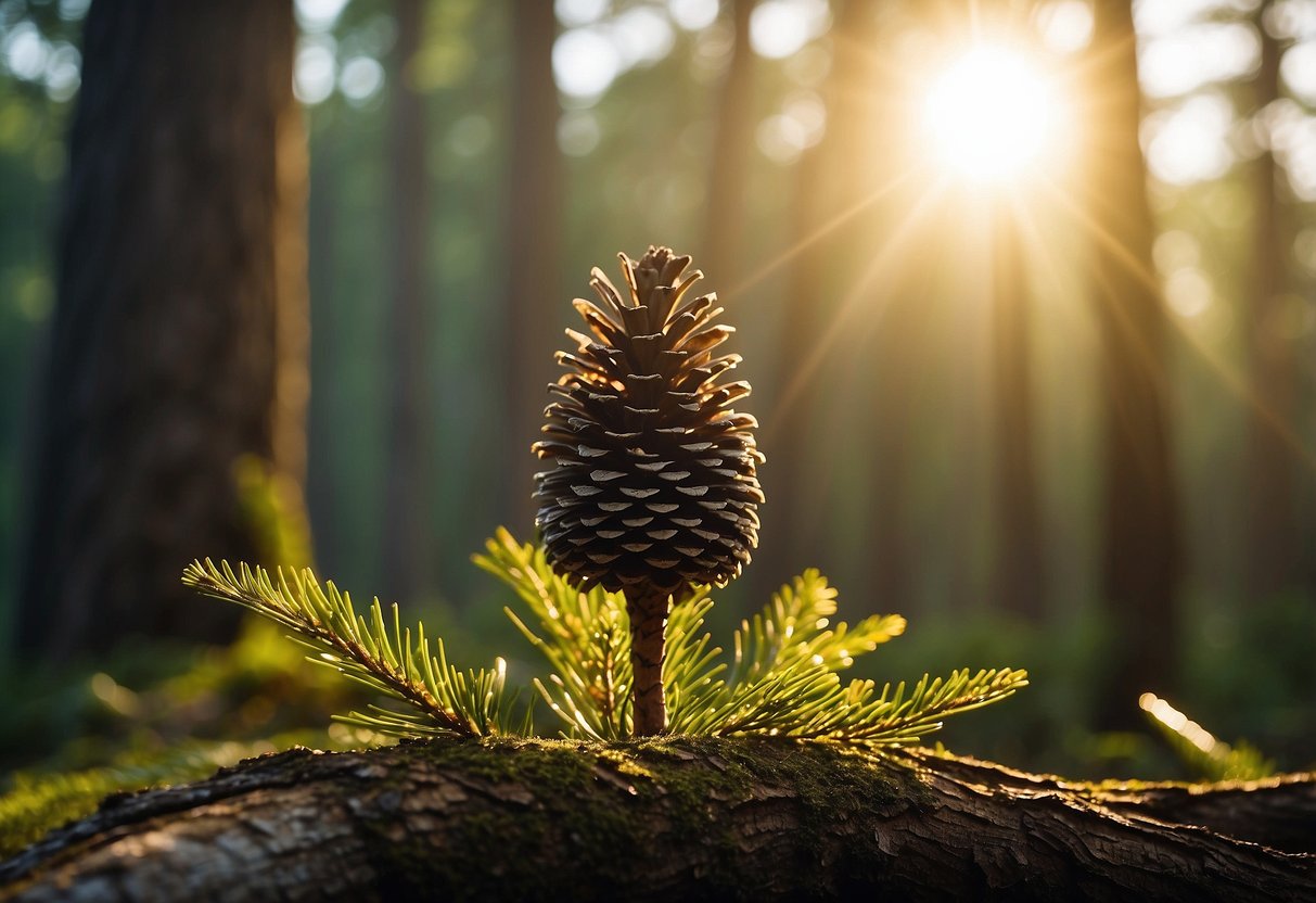 A pine cone stands tall in a forest clearing, surrounded by beams of golden sunlight. Its scales glisten with morning dew, evoking a sense of ancient wisdom and spiritual connection to nature