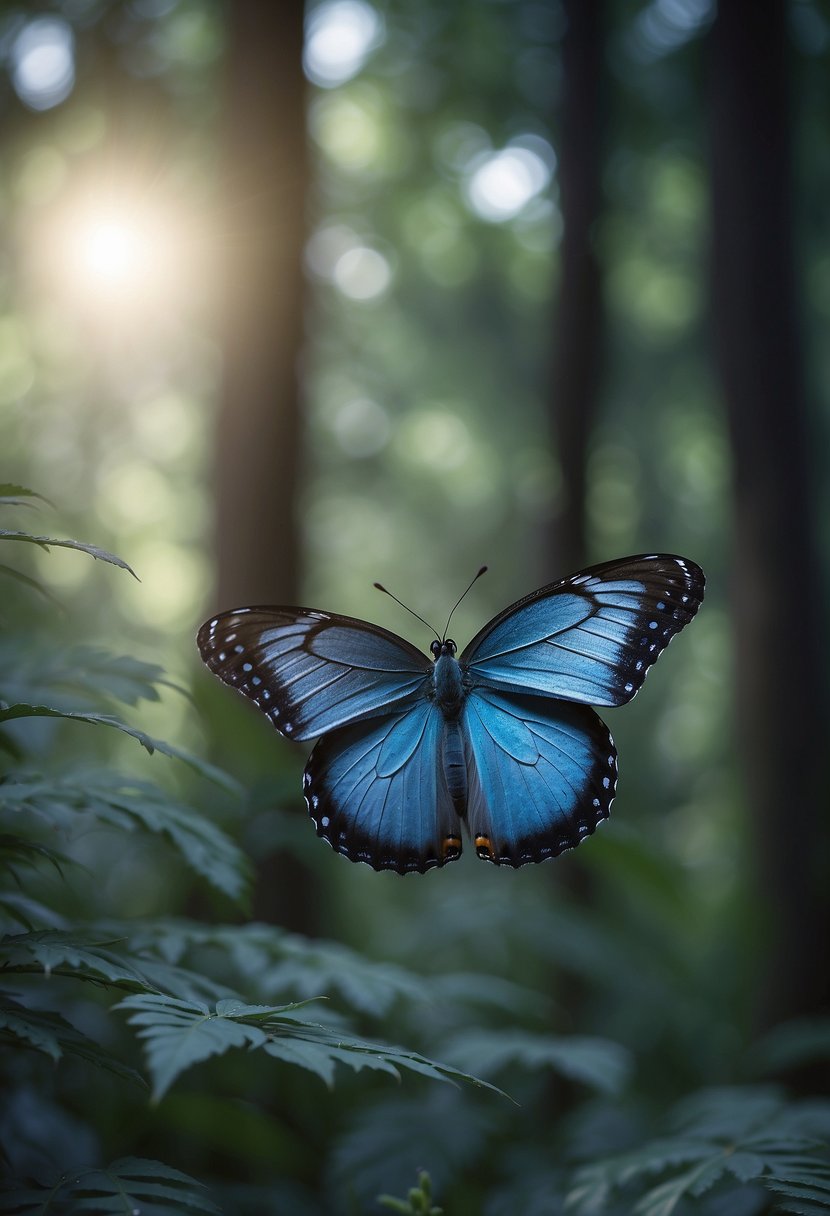 A blue butterfly hovers over a serene forest, radiating a sense of peace and spiritual guidance