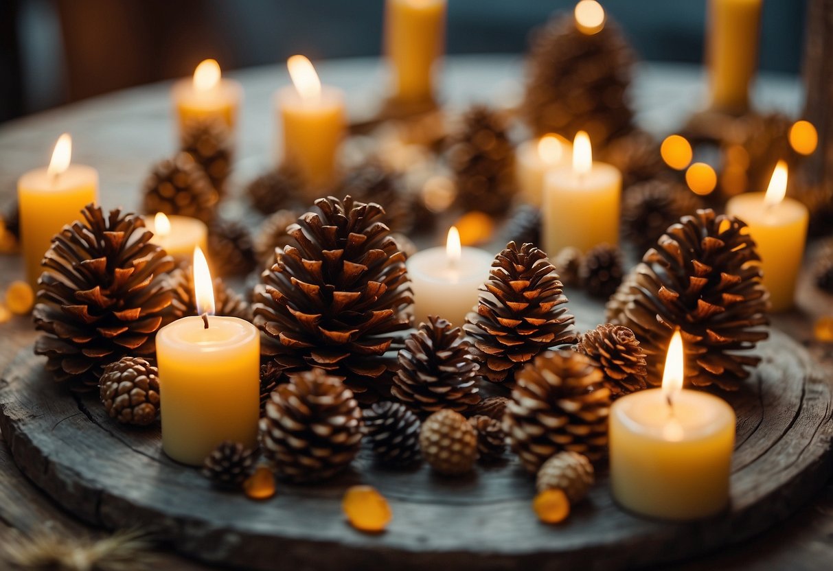 A group of pine cones arranged in a circle, surrounded by colorful candles and traditional cultural symbols. A sense of reverence and spirituality emanates from the scene