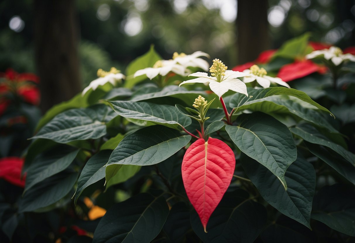 A poinsettia plant stands tall, with vibrant red leaves and delicate white flowers, surrounded by lush green foliage. Its presence exudes warmth and joy, symbolizing love, hope, and the spirit of the holiday season