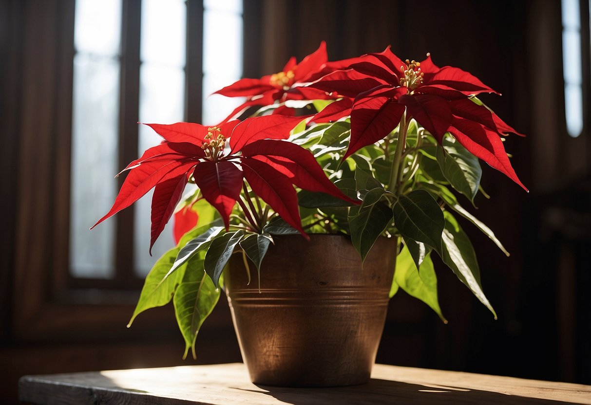 A poinsettia plant sits atop a rustic wooden altar, bathed in warm sunlight filtering through stained glass windows, symbolizing hope and rebirth