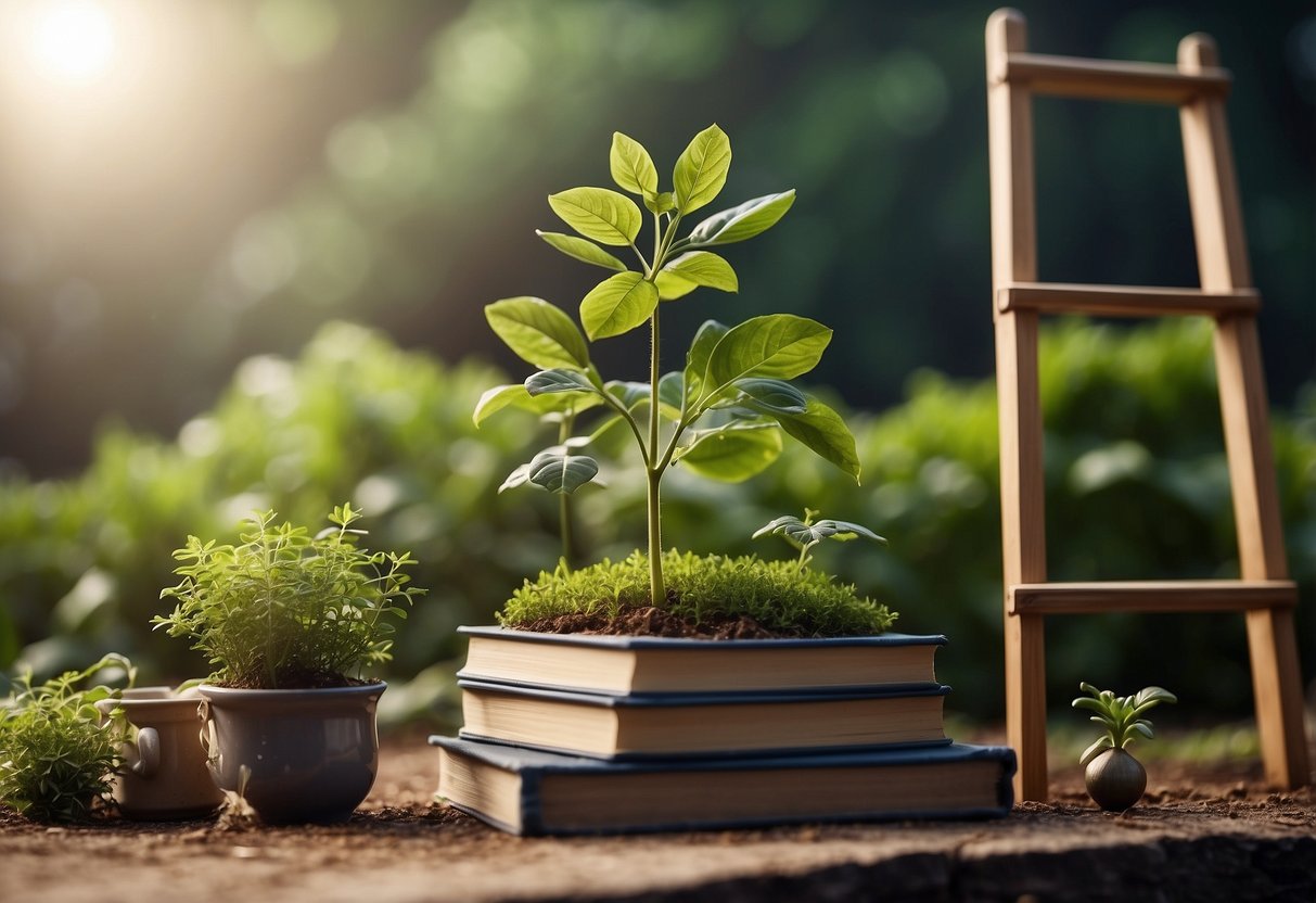 A garden with a young plant growing tall, surrounded by symbols of personal growth like books, a compass, and a ladder reaching towards the sky