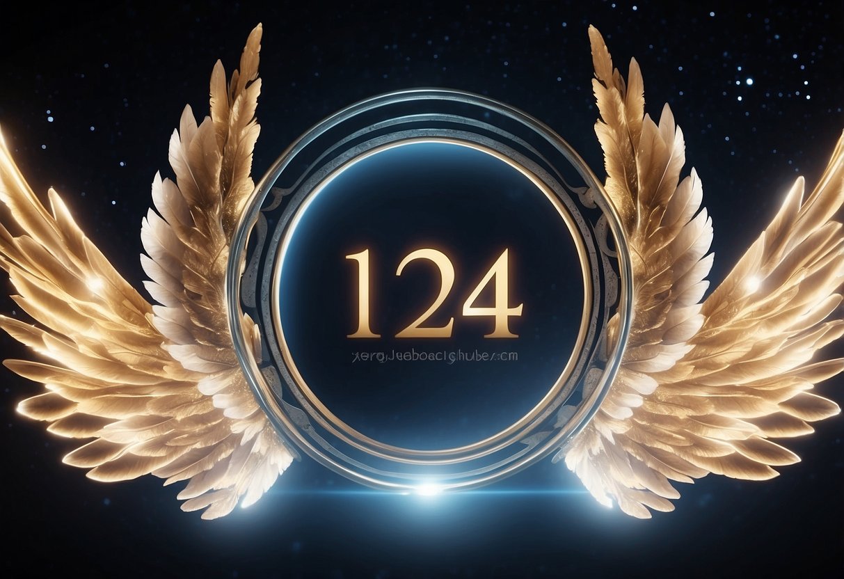 A glowing halo hovers above a pair of angel wings, with the number 124 shining brightly in the background
