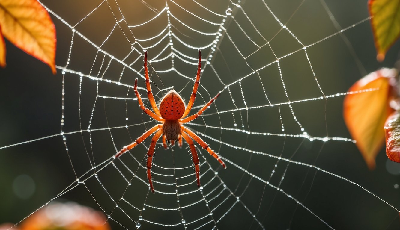 A red spider perched on a delicate web, surrounded by vibrant autumn leaves and glistening morning dew