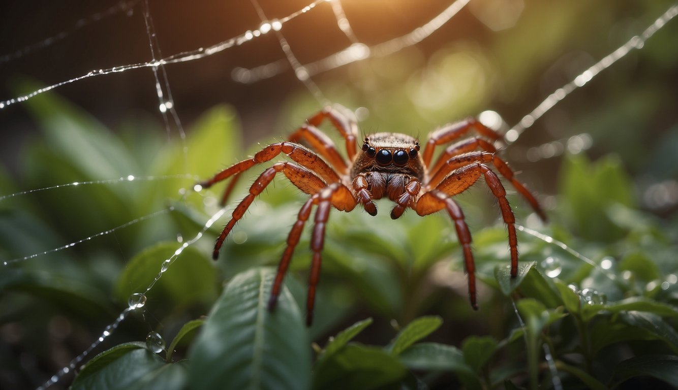 A red spider crawls across a web, surrounded by symbols of spiritual significance