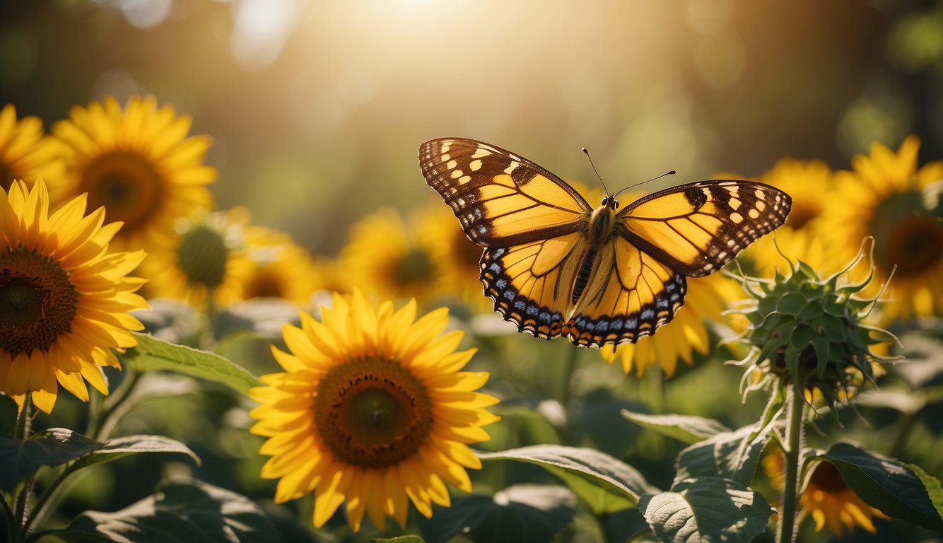 A yellow butterfly hovers over a blooming sunflower, symbolizing joy and renewal in the natural world