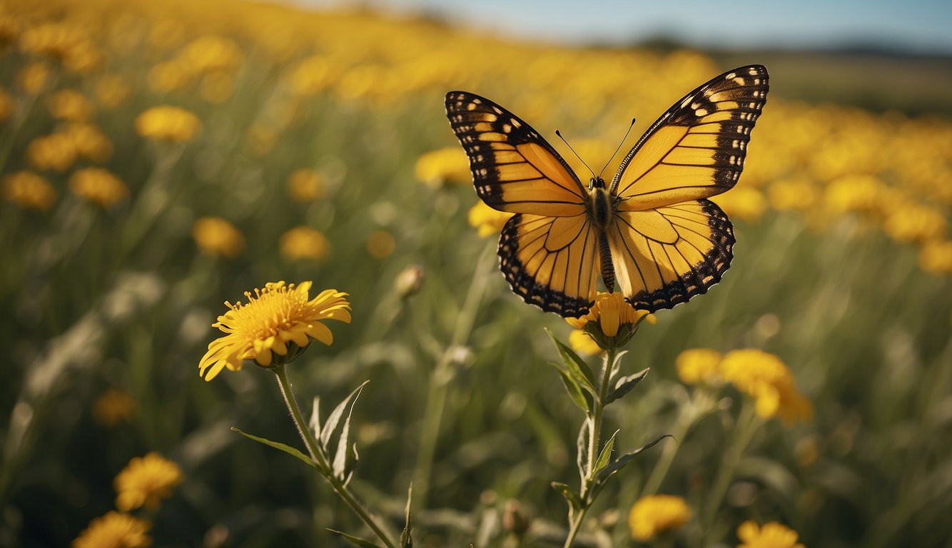 A yellow butterfly flutters above a blooming field, symbolizing cultural significance and spiritual meaning in the backdrop of a historical setting