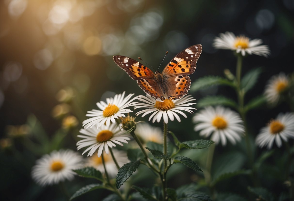 A brown butterfly hovers over a blooming flower, symbolizing transformation and rebirth in the natural world