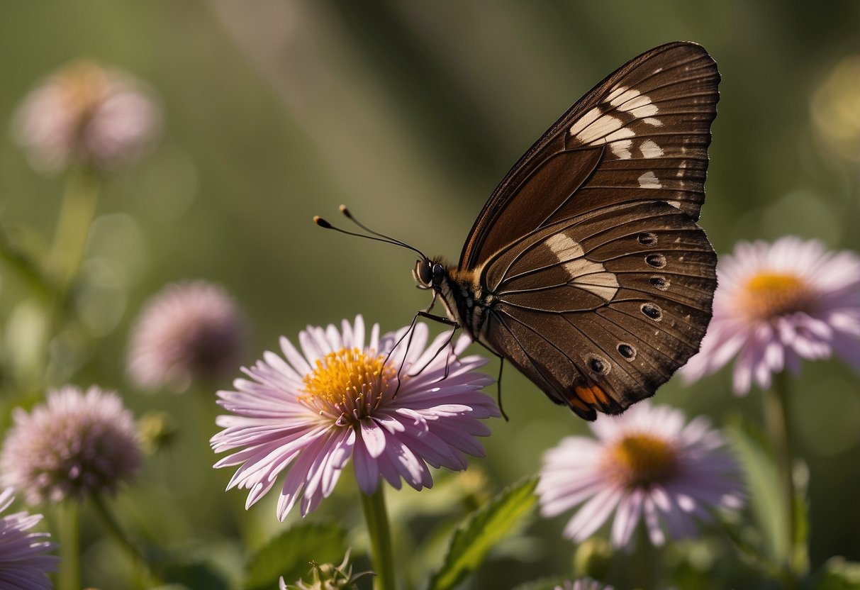 A brown butterfly lands on a blooming flower, representing growth and transformation in relationships. Its wings spread wide, symbolizing spiritual significance