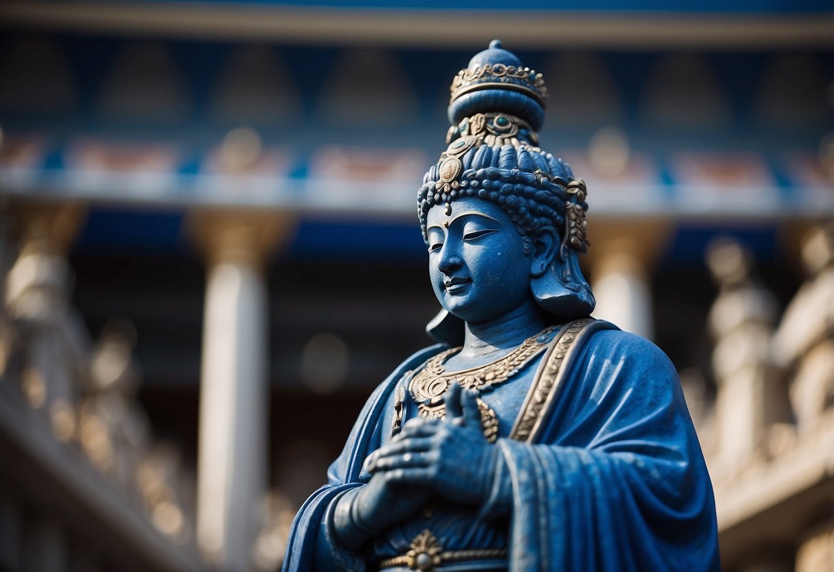 A regal figure stands before a grand, ancient temple, draped in royal blue. The color symbolizes spiritual significance and historical importance