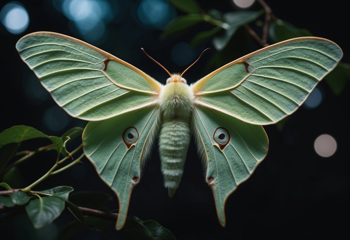 A luna moth perched on a moonlit branch, radiating ethereal glow, symbolizing transformation and spiritual growth